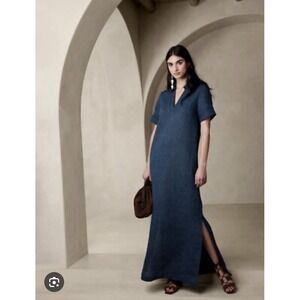 BANANA REPUBLIC Cruz Linen Maxi Shirtdress Size Large Indigo Dress #632497 NWT